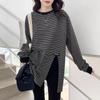 Camiseta de Manga Larga a Rayas para Mujer en Primavera y Otoño, Sudadera de Color Contrastante, Camiseta de Largo Medio con Cuello Redondo de Algodón Puro y Bajo con Abertura, Camiseta Básica