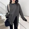 Camiseta de manga larga a rayas ajustada de longitud media hasta la cadera, estilo europeo, nueva para principios de primavera, para mujer, camiseta base de algodón puro, moderna