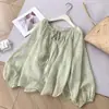 Blusa de gasa estampada con mangas de farol de estilo casual para mujer, top elegante de corte holgado, camisa floral ligera de gasa, camisa protectora solar