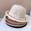 Sombrero de Pescador Fresco de Estilo Japonés para Niños Verano Protección Solar Sombrero Tejido Sombrero de Albóndiga Rizada Lazo Pequeño Color Sólido Sombrero de Cubeta