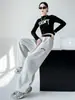 Pantalones Deportivos de Algodón Bordados con Bloques de Color Estilo Americano para Mujer, Primavera y Otoño, de Cintura Alta, Pierna Recta Suelta, Adelgazantes, Casual de Doble Uso, Pantalones Largos de Pierna Ancha
