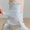Calcetines de Malla Floral Blancos para Mujer, Calcetines de Media Pantorrilla, Delgados y Transpirables para Primavera y Verano, con Borde de Encaje, Calcetines Largos de Algodón Estilo Ballet