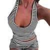 Conjunto deportivo casual de dos piezas para mujer, top sin mangas con cuello halter y shorts, con abdomen al descubierto, rayas blancas y negras, estilo transfronterizo europeo y americano