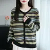 Cárdigan de punto a rayas color block para mujer, nuevo estilo otoño e invierno, cuello redondo, manga larga, lana fina, suéter abrigo versátil Fair Isle