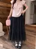 Falda larga de malla con retazos estilo A francés para mujer, estilo veraniego suave, falda de pastel de longitud media, holgada con bajo ancho
