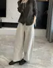 Calça de algodão lavado japonês com perna curva e perna larga para mulheres, cintura elástica, linha segmentada, calça tipo balão, solta, modeladora, casual, reta, comprimento nove pontos
