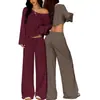 Comércio Transfronteiriço Estilo Europeu e Americano Blusa Ombro a Ombro de Manga Longa com Calça de Cintura Alta Wide Leg Suit Casual Sexy para Mulheres