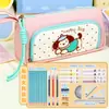 Estuche para lápices de gran capacidad con diseño de cachorro de dibujos animados en colorblock dopamina, caja de papelería de varias capas de alta apariencia estilo coreano estilo ins, bolsa para lápices