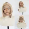 Atacado de fábrica de perucas frontais de renda europeias e americanas para mulheres, com aparência natural, comprimento médio, na cor branca, estilo bob realista, feitas de fibras sintéticas