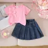 Baoxin Verano Europeo y Americano Nuevo Conjunto Lindo y Energético Falda Corta de Mezclilla Retro de Manga Corta Ropa Dulce para Niños