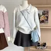 Estilo Coreano Laço Doce Outono e Inverno Novo Estilo College Gola Alta Tricô Solto Top Tricô com Listras Contrastantes para Mulheres