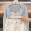 Cardigan de Tricô Fino para Primavera e Outono Feminino, Estilo Coreano, Gola Redonda, Casaco Suéter Curto Solto