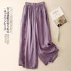 Pantalones Cropped de Pierna Ancha Talla Plus para Mujer, Verano Delgados Transpirables Retro Bordados Cintura Elástica Holgados con Caída Algodón Casuales