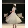 Vestido largo estilo francés femenino de puro deseo con mangas abullonadas e inserciones de encaje, estilo delicado, vestido formal entallado a la cintura