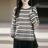 Suéter rayado vintage de punto fino para mujer, jersey holgado casual de cuello redondo, top fino calado, adecuado como capa base