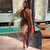 Vestido de Moda Feminino Cor Sólida Estilo Europeu e Americano para Sair, com Design Único de Amarração, Saia Bodycon, Vestido Assimétrico sem Mangas com Franzidos