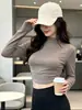 Camiseta Feminina Manga Longa Outono Inverno Sexy Recorte na Cintura Justa Hot Girl Camada Interna Gola Meia Alta Camisa Base