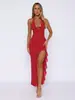 Vestido de Fiesta Halter Estilo Puro Deseo Más Vendido de Amazon con Escote en V Profundo, Atado, Abertura y Bordes Fruncidos, Vestido Largo Sexy Ajustado