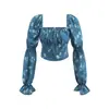 L26231-26 Estilo Nuevo de Principios de Primavera Estilo Europeo y Americano Casual de Vacaciones Camisa Corta Azul Estampada con Cordón de Manga Larga