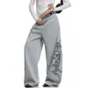 Calça de moletom gótica retrô americana com estampa de cruz para mulheres, verão, corte limpo, cintura dupla, folgada, versátil, perna larga