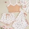 Pijama de Amor para Mulheres na Primavera e Verão, Conjunto Doce e Fofo de Três Peças, Shorts Suspensórios de Algodão de Alta Qualidade, Calças, Roupas de Casa Sexy