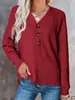 Suéter de tricô com botões e gola V estilo europeu e americano, suéter casual de cor sólida com mangas compridas soltas para mulheres, novo top casual de outono e inverno