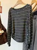 Conjunto estilo coreano, top básico de punto fino de manga larga con rayas grises para mujer, otoño, petite, corto, fino, prenda interior