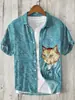 Moda de Verano Tallas Grandes Ropa Juvenil para Hombre Camisa de Manga Corta Cárdigan de Lino Solapa Gato Divertido Estampado de Pintura a Tinta