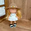 [Solo Ropa] Ropa para Muñeco de Papa Español de 24 cm Algodón Lazo Verde Vestido Blanco Conjunto de Sombrero de Paja con Piedras