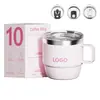 Taza de café de acero inoxidable 304 transfronteriza, taza de 10 oz con asa, doble capa con tapa, vaso de agua aislado para oficina