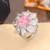 Douyin Transmissão ao Vivo Flor de Cerejeira Cartão Diamante Rosa Anel de Flor de Diamante Doce Elegante Alto Padrão Diamante Sintético Diamante Colorido Pedra Colorida Atacado Fábrica