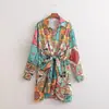 Vestido feminino de verão novo estilo europeu e americano, manga longa, cetim, com nó, 5903