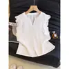 Blusa de Lino Blanca con Encaje Calado y Mangas Acampanadas para Mujer, Nuevo Estilo de Verano, Camisa Fina Elegante y Adelgazante con Cuello en V