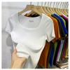 Camiseta de Manga Corta de Color Sólido, Estilo Nuevo Verano 2026, Cuello Cuadrado Bajo que Expone la Clavícula, para Mujer, Ajuste Ceñido, Algodón Acanalado, Adelgazante, Hombro Normal