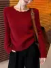 Suéter Coreano Estilo Perezoso Rojo Cuello Redondo para Mujer, Primavera Temprana 2026, Corte Holgado, Adelgazante, Versátil, Manga Larga, Tejido Suave