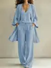 EBay AliExpress Cardigan Texturizado de Tallas Grandes Europeo y Americano Conjunto de Tres Piezas Chaleco de Cuello en V Pantalones de Pierna Ancha con Cordón Traje Casual