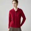 Ropa casual ~ Suéter de punto con capucha para mujer, 35% cachemira, canalé vertical, media botonadura, capa base con capucha ajustable