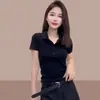 Camiseta de Manga Corta Gris de Alta Gama con Cuello Polo Hombro Normal para Mujer Verano Moda Chic Versátil Ajustada Top Tendencia