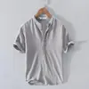 Camiseta delgada de algodón-lino y seda de hielo italiana para hombre, polo blanco simple de manga corta de verano con cuello mao, camisa de ramio