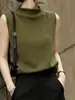 Linda Camiseta de Verão 2026 para Mulheres, Design Novo, Cor Verde Oliva, Tricô, Gola Meia-Alta, Sem Mangas, Top Soltinho e Emagrecedor