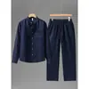 Traje Casual de Linho Masculino Estilo Old Money, Camisa de Manga Longa Masculina Retro Confortável Respirável e Calça Longa de Linho