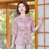 Nova Camisa de Chiffon Estilo Chinês da Mamãe, Roupas Largas Femininas Estampadas para Mulheres de Meia-Idade e Idosas, Mangas Três Quartos, Camisa que Cobre a Barriga