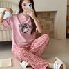 Pijama Su Xixi Estampado de Leopardo Lindo Gato Kt Porcelana de Hielo Algodón Puro para Mujer, Mangas Cortas, Pantalones, Ropa Exterior de Dibujos Animados, Conjunto de Ropa para el Hogar