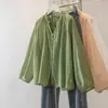 Roupas Femininas Plus Size, Novo Estilo Coreano Suave e Amigo da Pele Algodão Tencel com Decote V e Mangas Bufantes, Blusa Solta e Emagrecedora