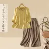 342 Conjunto#Cânhamo Algodão Linho Conjunto Completo Mulher Verão Camisa de Linho Calça de Perna Larga Casual Roupa de Mãe Conjunto de Duas Peças