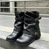 Calça com fivela de rebite botas femininas 2026 nova outono botas de tornozelo plissadas salto grosso botas curtas de cano médio botas western femininas