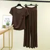 Novo conjunto de verão para tamanhos grandes: top de manga curta e calça comprida casual de cintura alta, adequado para uso ao ar livre, conjunto feminino de modal para casa