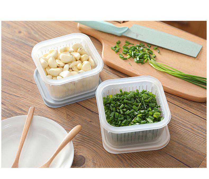 厨房家用姜蒜收纳盒冰箱水果双层塑料方形沥水密封盒葱花保鲜盒-