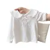 Camiseta Interior Básica de Manga Larga para Niña Primavera y Otoño con Adorno de Encaje, Moño y Detalle de Botón, Top Interior Suave Versátil