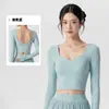 Roupas de Yoga Manga Longa Feminina com Bojo Sexy Gola Quadrada Camiseta Esportiva Curta Malha Respirável Pilates Fitness Top